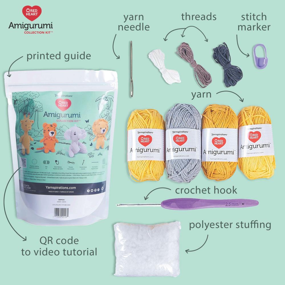 Red Heart Amigurumi Crochet Kit Collection - Giraffe, Lion, Tiger & Elephant