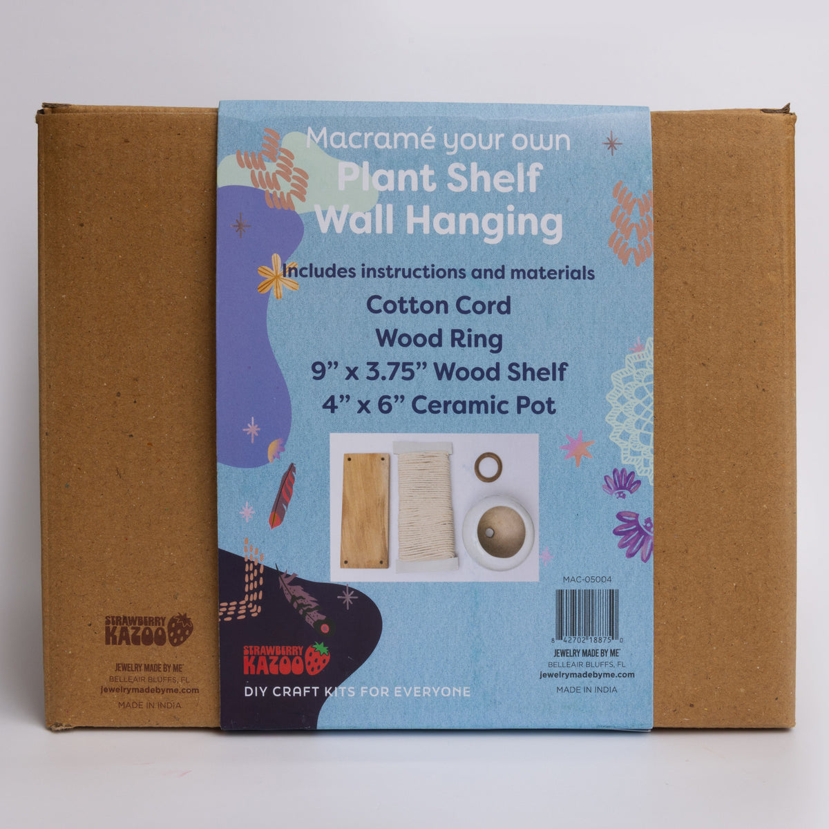 DIY Macramé Plant Shelf Kit – Boho Wall Hanging with Cotton Cord, Wood Shelf & Ceramic Pot