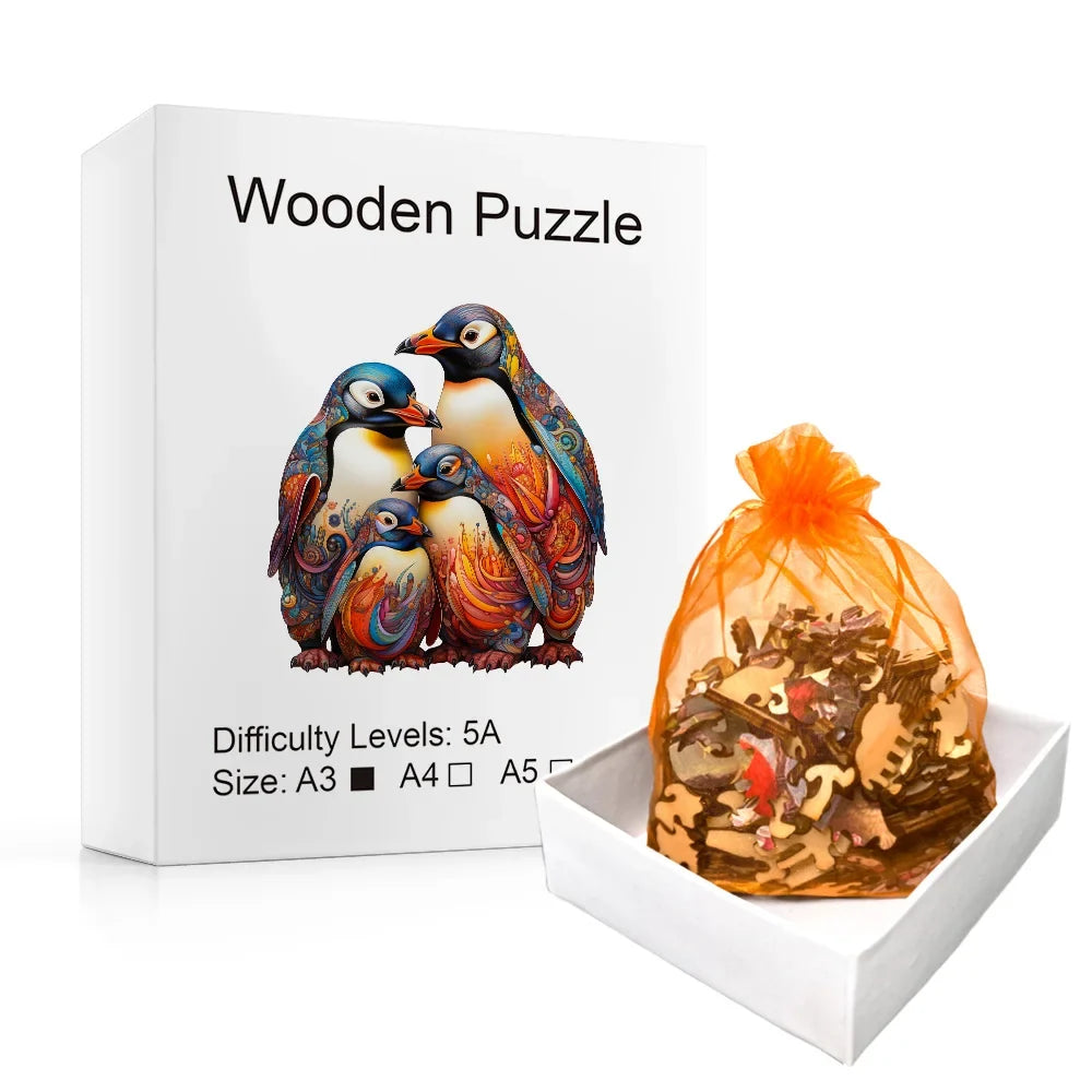 Wooden Penguin Jigsaw Puzzle Gift Box - Irregular Animal Puzzle for Adult Stress Relief & Family Game