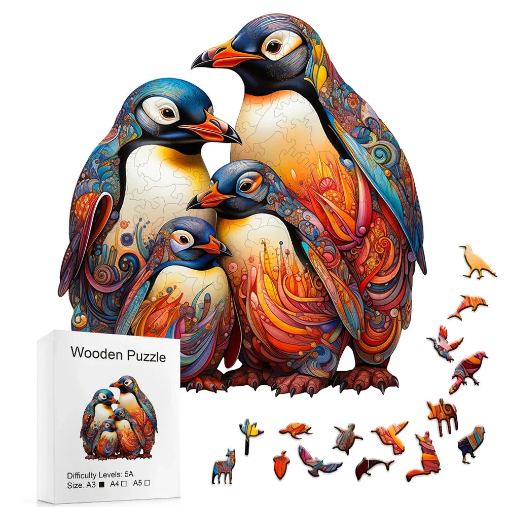 Wooden Penguin Jigsaw Puzzle Gift Box - Irregular Animal Puzzle for Adult Stress Relief & Family Game