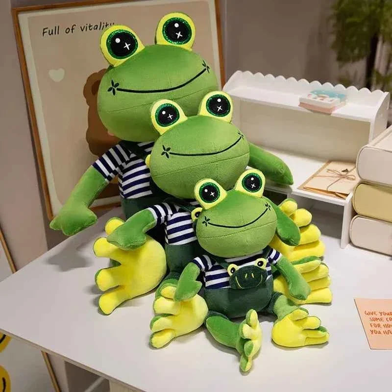 Kawaii Big Eye Frog Plush Toy – Soft Stuffed Cartoon Frog with Striped Overalls (30–50cm)