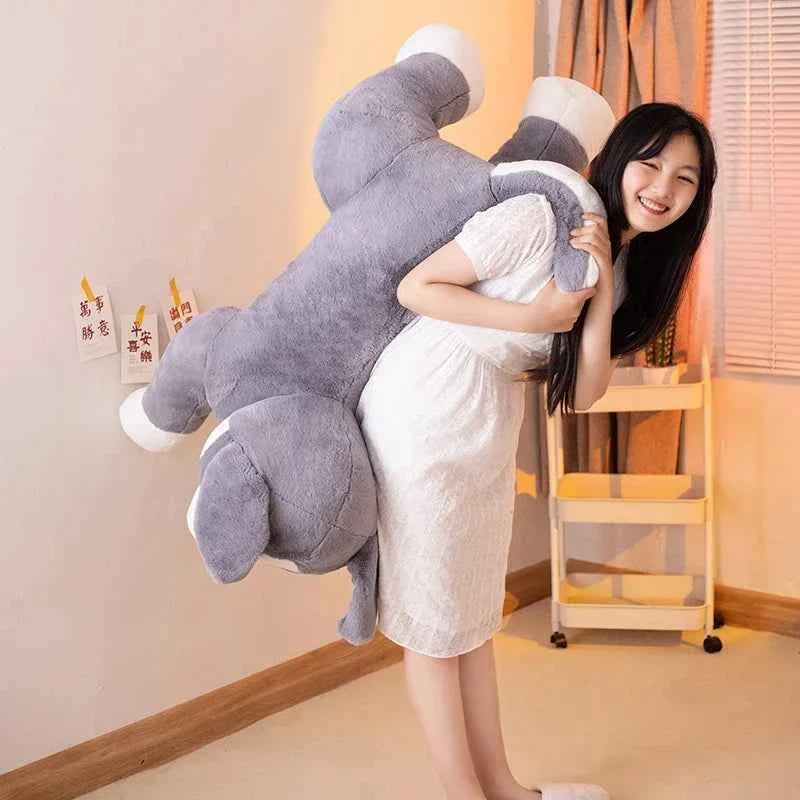 Kawaii Border Dog Plush Pillow – Simulation Puppy Stuffed Animal Cushion in Grey & Brown (50–100cm)