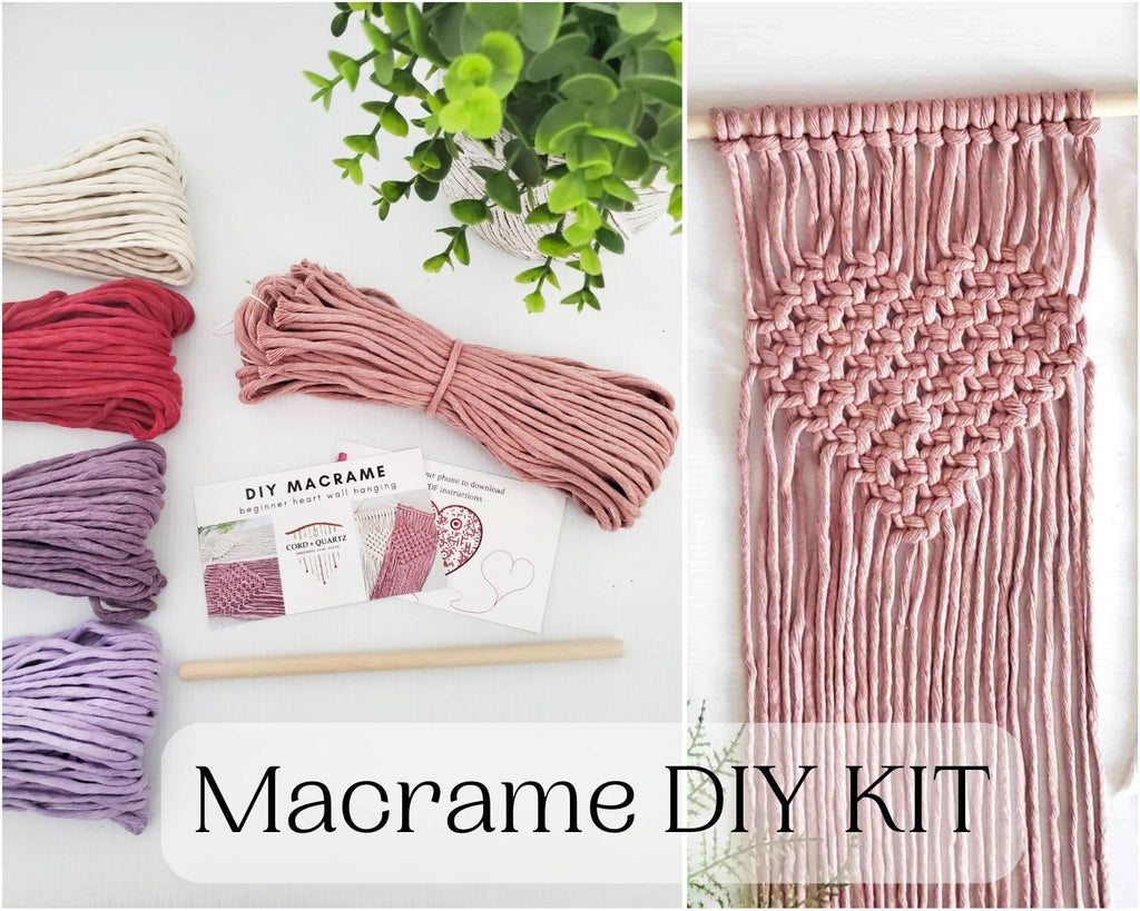 Beginner macrame heart wall hanging DIY craft kit.