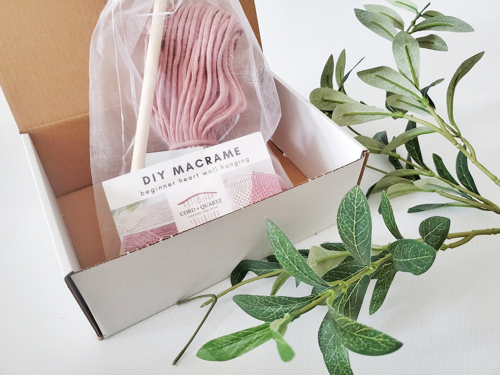 Beginner macrame heart wall hanging DIY craft kit.