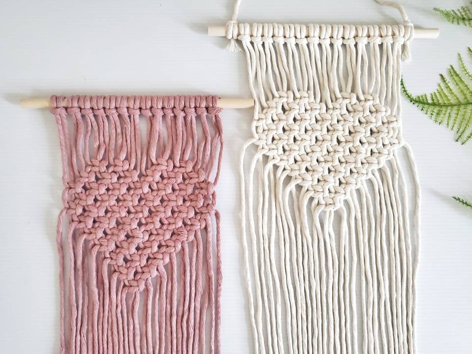 Beginner macrame heart wall hanging DIY craft kit.