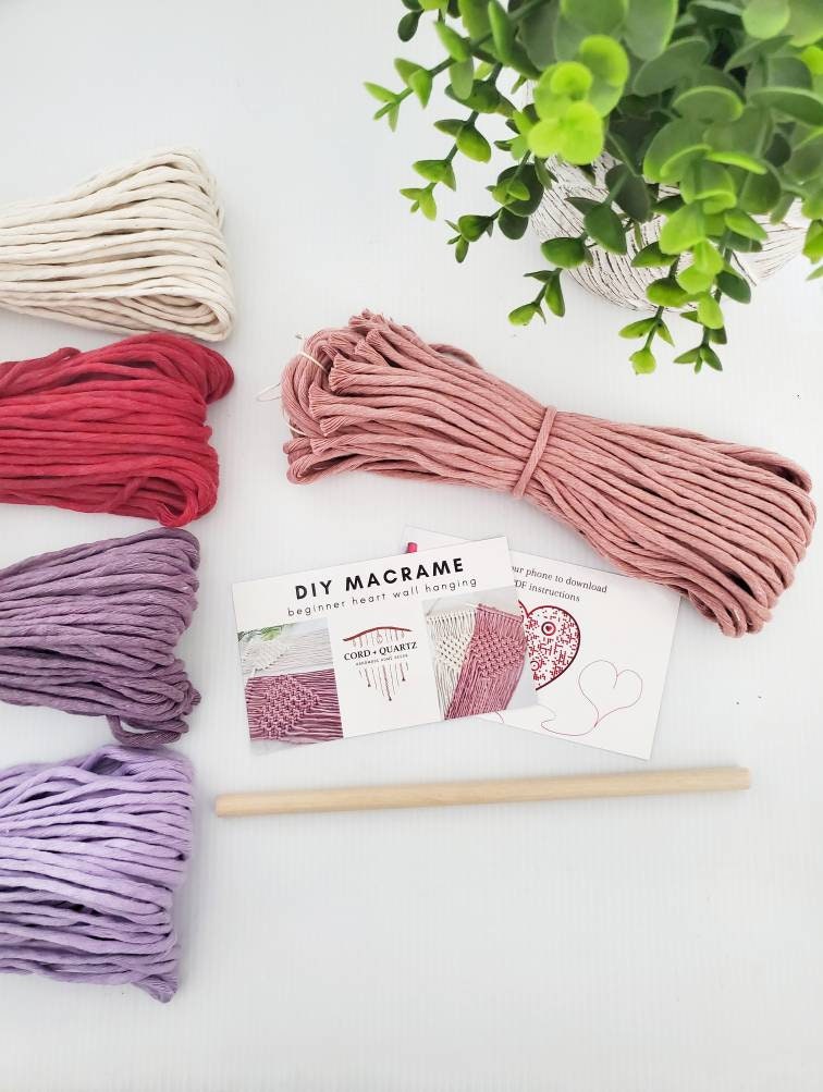 Beginner macrame heart wall hanging DIY craft kit.