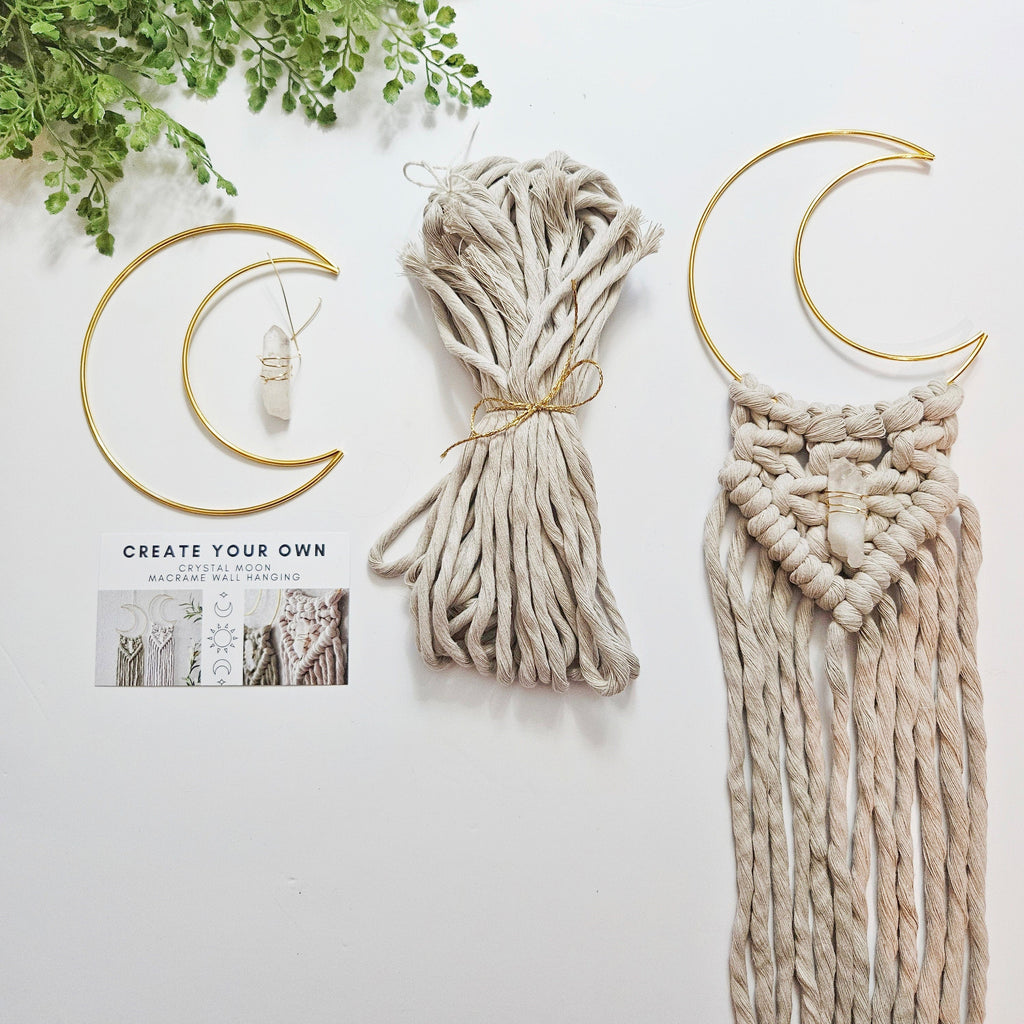 Macrame moon and crystal DIY KIT. Beginner tutorial and materials.