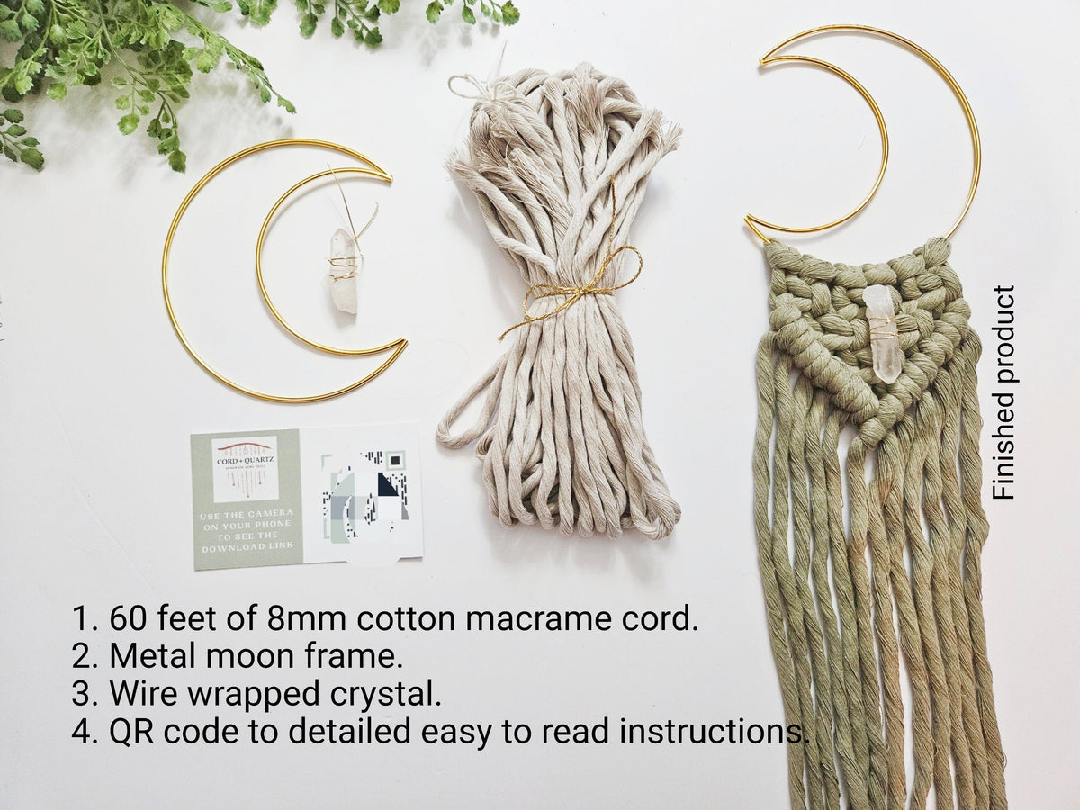 Macrame moon and crystal DIY KIT. Beginner tutorial and materials.