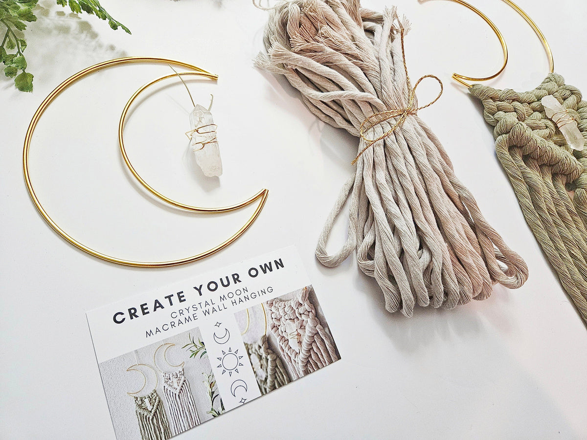 Macrame moon and crystal DIY KIT. Beginner tutorial and materials.