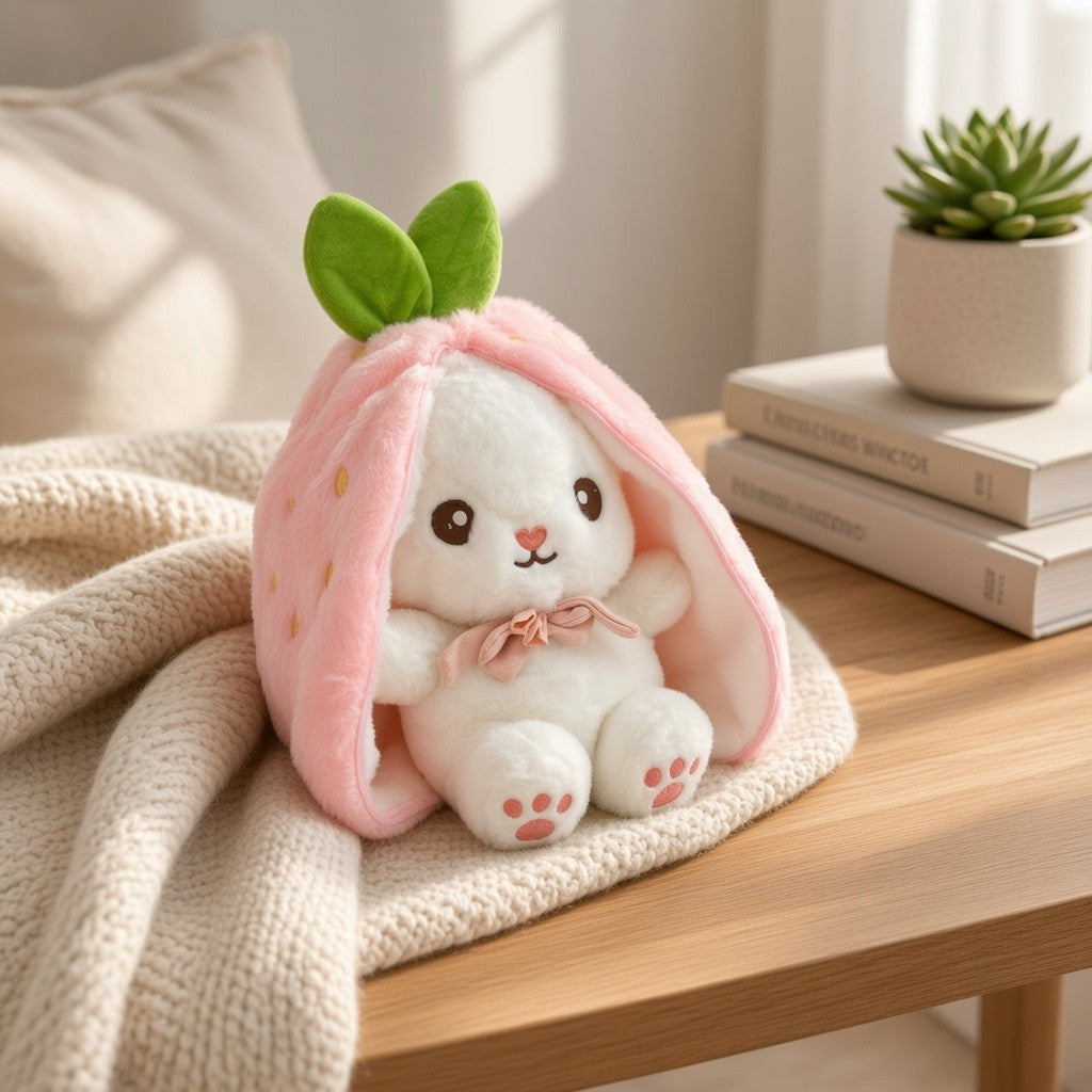 Reversible Strawberry Bunny Plush Toy Soft Polyester Kids Easter Basket Stuffer Gift Birthday Surprise for Girls and Boys