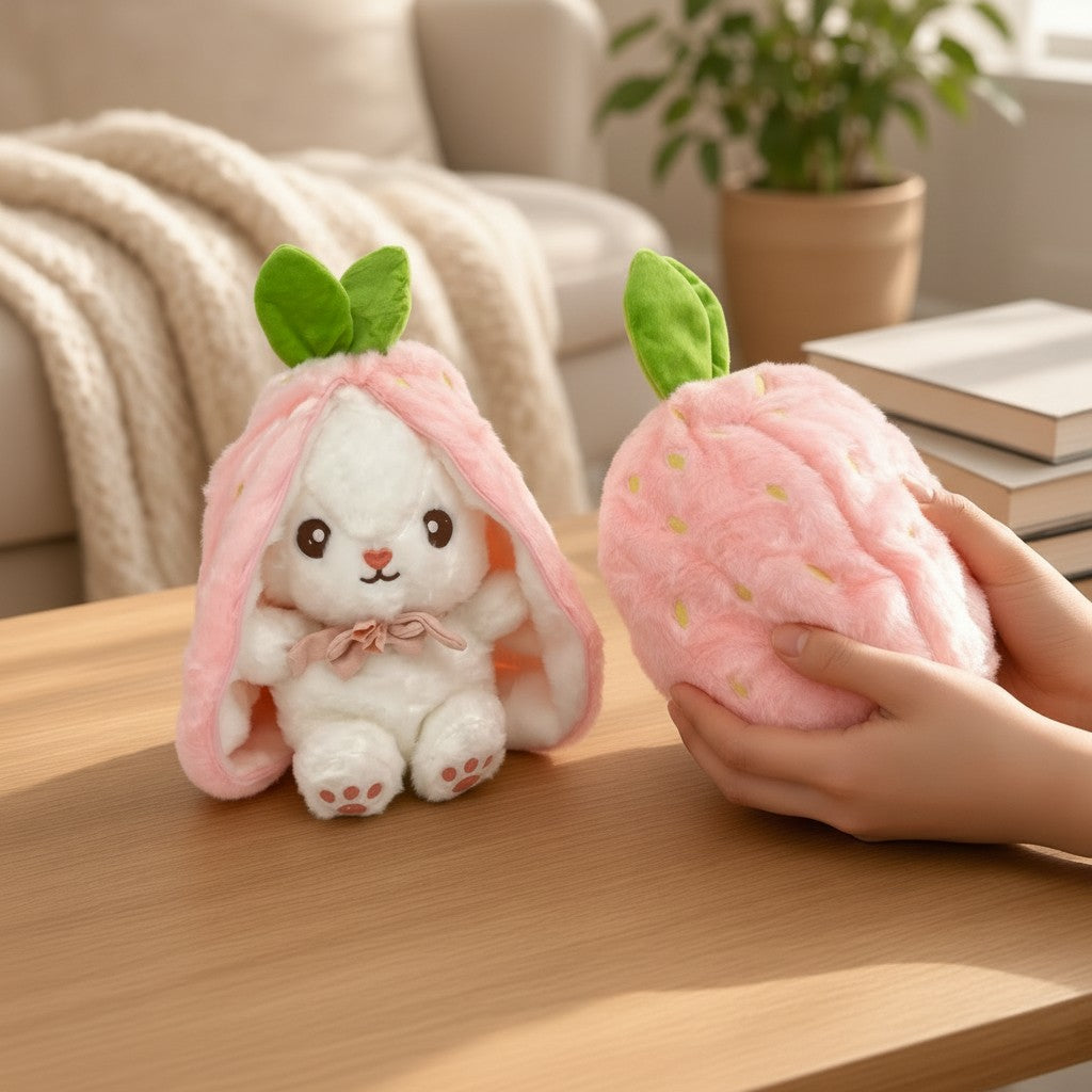 Reversible Strawberry Bunny Plush Toy Soft Polyester Kids Easter Basket Stuffer Gift Birthday Surprise for Girls and Boys