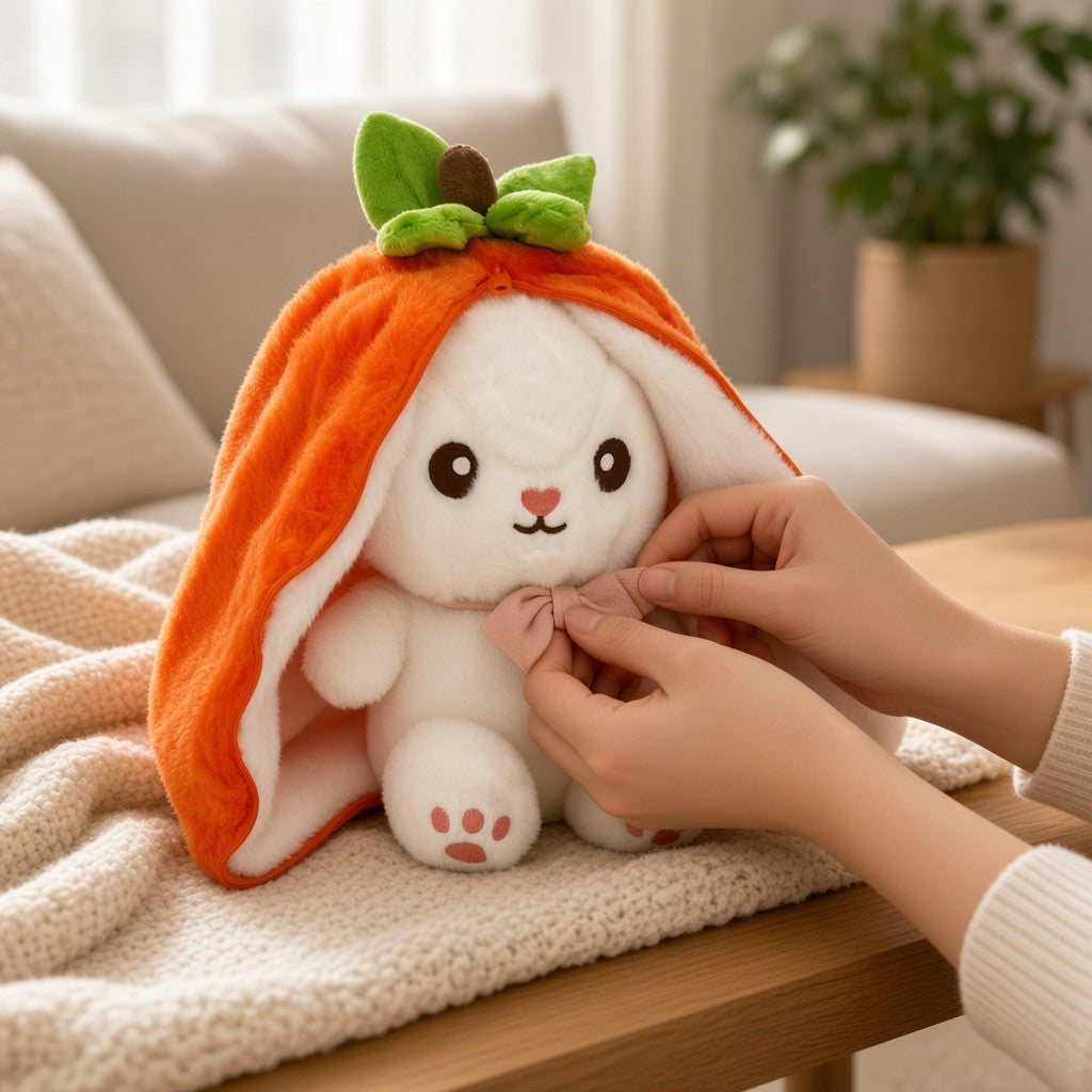 Reversible Strawberry Bunny Plush Toy Soft Polyester Kids Easter Basket Stuffer Gift Birthday Surprise for Girls and Boys