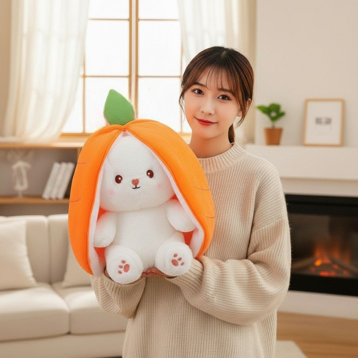 Reversible Strawberry Bunny Plush Toy Soft Polyester Kids Easter Basket Stuffer Gift Birthday Surprise for Girls and Boys